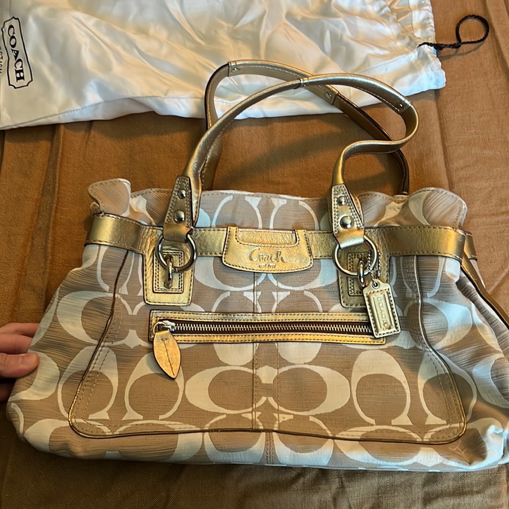 Multicolor, tan and cream Coach satchel bag